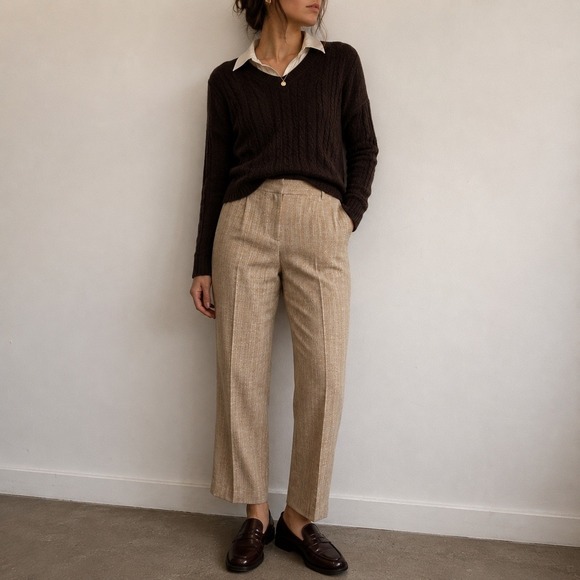 Lafayette 148 New York Pants - Lafayette 148‎ Tan Wool Linen Pants Trousers Size 10P Minimalist Academia